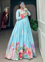 Tussar Silk Sky Blue Traditional Wear Printed Readymade Gown